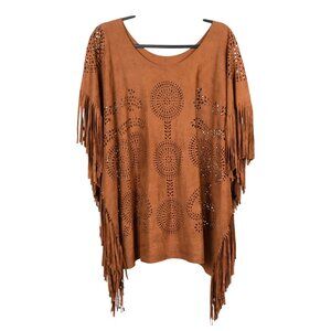 Western Vegan Suede Poncho One Size Brown Laser Cut Fringe Boho Hippie Floral